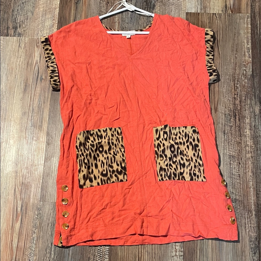 Umgee Orange Top with Leopard Print Accents